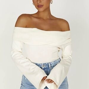 Meshki Off-Shoulder White Sweater